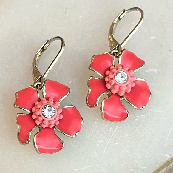 Coral Orange Enamel Floral Drop Earrings Gold Tone - Picture 6 of 12